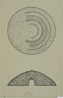 Drawing of a disc with concentric arcs above its dome-shaped profile, from Idalion