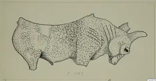 Stippled ink drawing of a bone object with a projecting horn-like extension