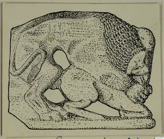Ink drawing of a carved relief block showing a curly-haired head in profile and a crouched figure