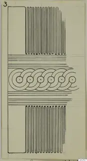 Drawing of a pattern of interlocking ring motifs framed by parallel lines, with rows of vertical lines above and below