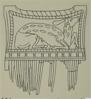 Line drawing of a carved bone object from Enkomi, with two animals in a panel above a row of long pendant prongs