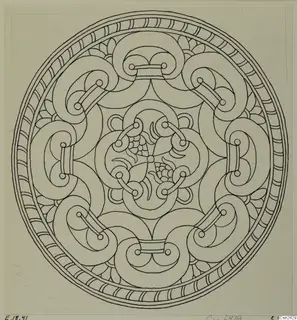 Line drawing of a round ornamental design with interlocking scrolls and a ring border, possibly of a bone object