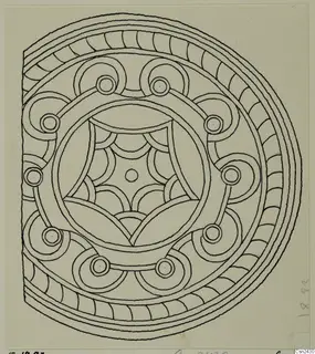 Ink drawing of a D-shaped bone plaque with concentric bands, arcs and circular studs