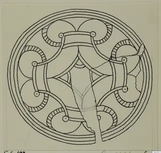 Ink and pencil drawing of a disc-shaped ornament with concentric rings and curved bands, the bone object E.6.103
