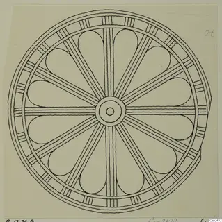 Drawing of a circular object with a ring of teardrop-shaped petals, radiating spokes and a central hub, from Enkomi