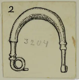 Pen drawing of a silver object with an arched rod, a coiled loop at one end and a plain rounded end at the other