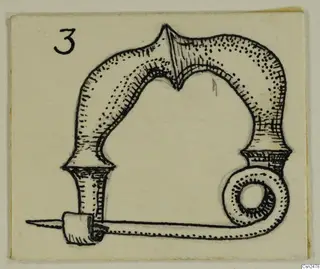 Pen drawing of a silver fibula from Amathus, showing its arched bow, coiled spring and long pin