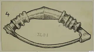 Pen drawing of a silver open hoop with ribbed knobs at both ends