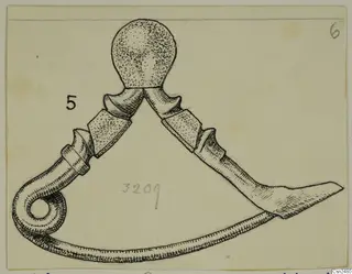 Ink drawing of a silver object with a round knob at the top and a coiled end on one side