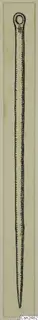 Drawing of a long, slender silver pin with a looped head that tapers to a point