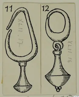 Drawing of two silver objects: one teardrop-shaped with an open loop, one with an oval loop and a bell-shaped base
