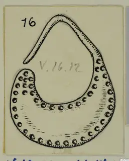 Field drawing of a silver fragment, a curved band with rows of small circles, from the Vouni Korakas tombs