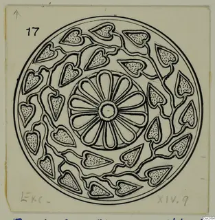 Field drawing of a round silver find with a central rosette of petals and a ring of heart-shaped leaves on curling stems