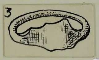 Ink drawing of a silver jewellery object, an oval open band with hatched shading, on a cream card