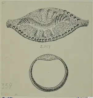 Drawing of a silver leaf-shaped object above a ring, both in outline with stippled shading