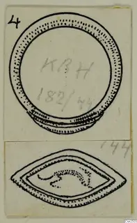 Drawing of a silver ring and a lens-shaped seal or gem with an engraved motif