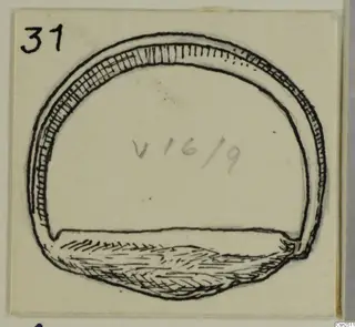 Field drawing of a silver ring from Vouni, the Korakas tombs, with hatched band and open lower end