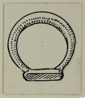 Ink drawing of a silver ring-shaped object with dotted and hatched decoration and a flat base