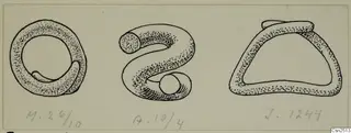 Drawing of three silver hair-rings of different shapes