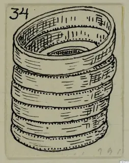 Ink drawing of a coiled silver object with an open top, showing stacked bands seen from above