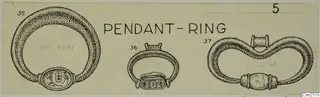 Ink drawing of three rings: a wide hoop with an oval bezel, a small ring with a raised loop, and a figure-eight band.