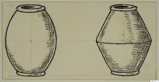 Pen drawing of two vessels side by side, one barrel-shaped and one with a sloping shoulder above a ring foot.