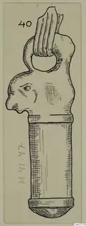 Field drawing of a silver object with a profile head at the top and a long plain cylindrical shaft below