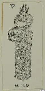 Stippled drawing of a small upright object with a loop at the top and a cylindrical lower body.