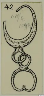 Pen drawing of a jewellery object: a hooked arc above interlinked loops and a lobed oval loop below.