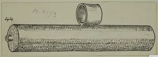 Drawing of a silver cylindrical object with a small knob at one end and a short tube standing on top