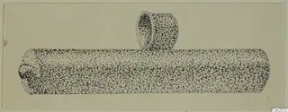 Stippled drawing of a silver object: a long tube with a short upright tube standing on top near the middle