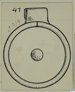 Drawing of a silver circular object with a tubular loop at the top