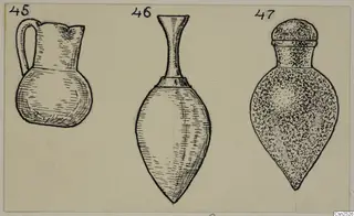Pen drawing of three numbered vessels: a small jug with a handle, a long-necked bottle, and a stoppered flask
