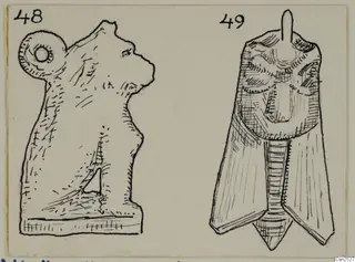 Pen drawing of two silver objects, each with a handwritten number label, one with a loop at the top left and one with a tab at the top
