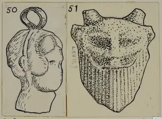 Ink drawings of two silver objects on cream cards, each with a number label