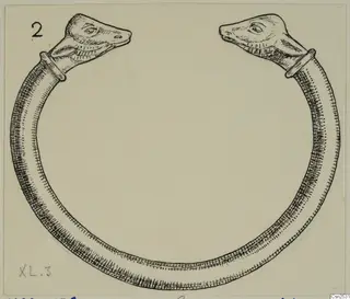 Ink drawing of a silver open ring with an animal-head terminal at each end.