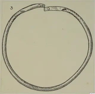 Drawing of an open silver ring bracelet with flattened ends, each fixed with a small round knob