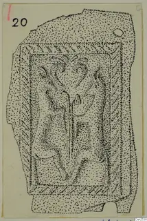 Stippled drawing of a silver object with a framed panel of raised curved forms, possibly a figure
