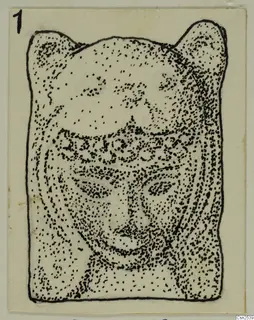 Stippled ink drawing of a face-shaped silver object with two pointed projections at the top