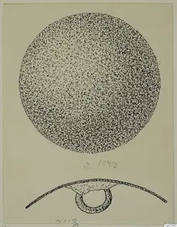 Drawing of a silver object: a stippled circular disc above its side profile, with a ring attached beneath the curved edge.