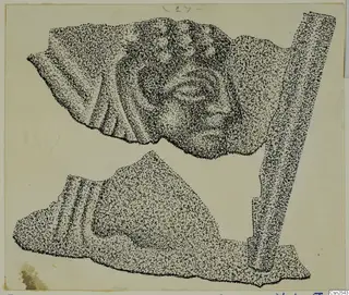 Stippled drawing of two fragments of silver, one with a curved ring-like motif and ridged bands.