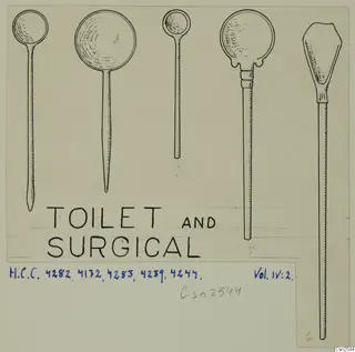 Field drawing of five toilet and surgical implements with round or cup-shaped ends and one leaf-shaped blade.