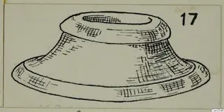 Pen drawing of a small silver object with a flaring base and a raised rim with an oval opening