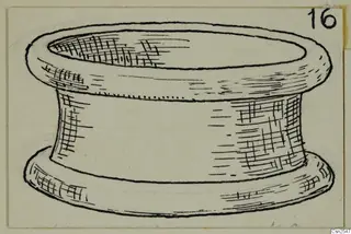 Drawing of a silver object with a wide flat rim, narrow waist and flared foot.