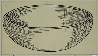 Drawing of a shallow bowl with rounded walls and a thick rim, marked 1 in the top corner