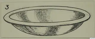 Drawing of a shallow silver bowl with a wide flat rim, marked with a number label
