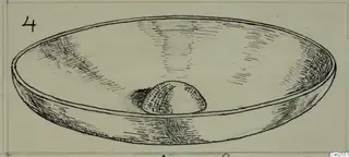 Field drawing of a shallow silver dish with a small rounded lump on its base