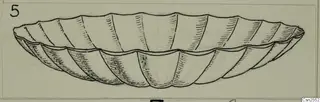 Pen drawing of a shallow silver bowl with lobed sides and a wavy rim, seen from the side