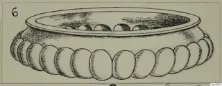 Ink drawing of a silver bowl with a wide flaring rim and a band of rounded lobes around its lower body.