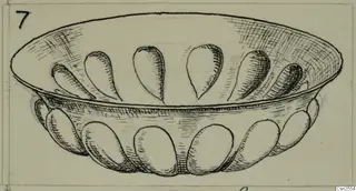 Pen-and-ink drawing of a shallow silver bowl with teardrop-shaped recesses inside and oval lobes around the outer wall